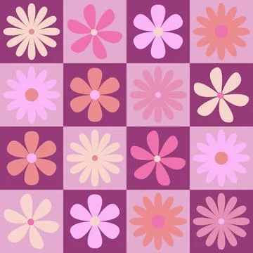 Seamless y2k pattern with flower. Retro checkered background. Vector illust.. Stock Illustration