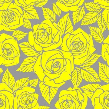 Seamless yellow asymmetric pattern of rose contours on a gray background, t.. Stock-Illustration
