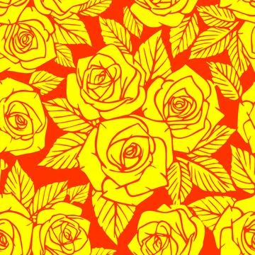 Seamless yellow asymmetric pattern of rose contours on an orange background.. Stock Illustration
