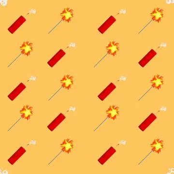 Seamless yellow background with dynamites and sparklers Stock Illustration