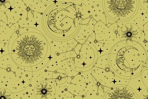 Seamless yellow celestial pattern with star constellation and moon vector 스톡 일러스트