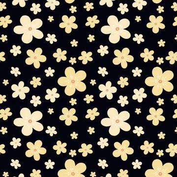 Seamless Yellow Ditsy Floral Pattern with Small Blossoms on Black Background Stock Illustration