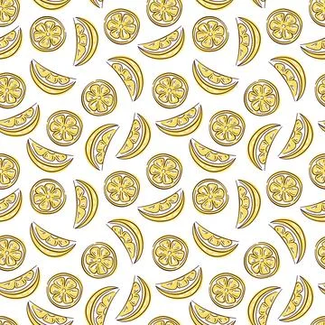 Seamless yellow pattern with lemon in flat style. Design for fabric, label, menu Stock Illustration