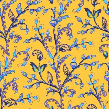 Seamless yellow pattern with stylized blue flowers. Floral ornament. Stock Illustration