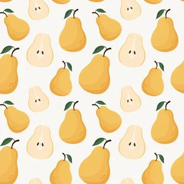 Seamless yellow pear pattern with green leaves. Stock Illustration