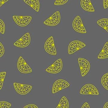 Seamless yellow Vector outline pattern of slices fresh lemon isolated on a gr Stock Illustration