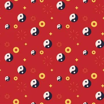 Seamless yin yang pattern and chinese gold coins. Stock Illustration