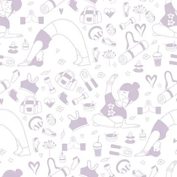 Seamless Yoga Wellness Doodle Pattern. Woman Athlete Doing Pilates Stretchi.. Stock Illustration