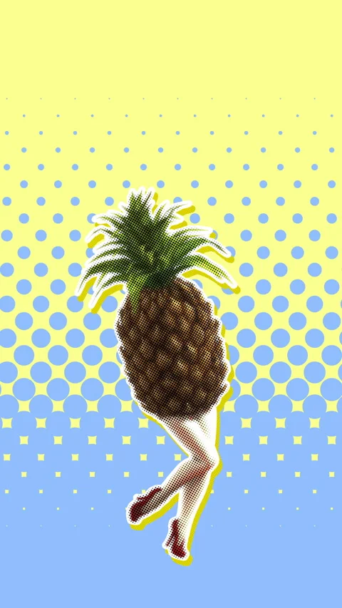 Seamless young vertical video of cartoon style walking pineapple with halftone Stock Footage 340281862