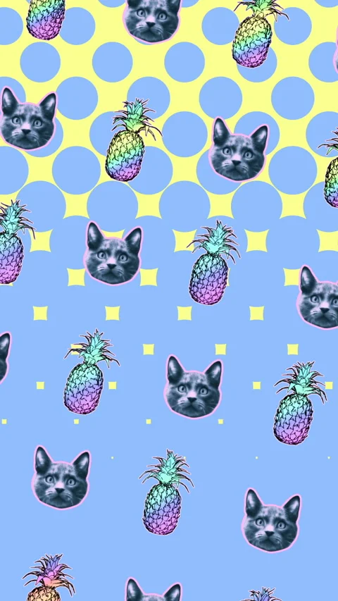 Seamless young vertical video of cartoon style cats and pineapples with duotono Stock Footage 340557627