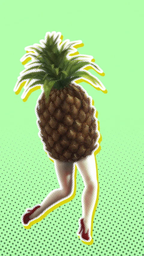 Seamless young vertical video of cartoon style walking pineapple with halftone Stock Footage 340557933