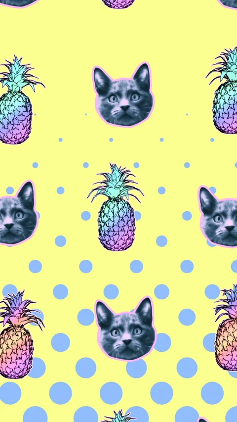 Seamless young vertical video of cartoon style cats and pineapples with duotono 스톡 동영상 340558628