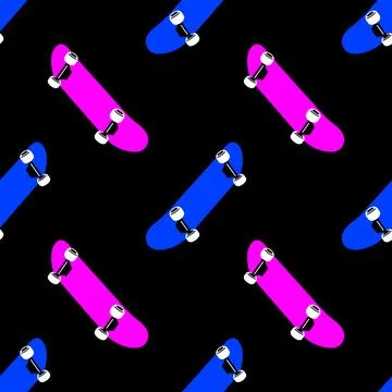 Seamless youth vector pattern with pink and blue skateboards on black background Stock Illustration