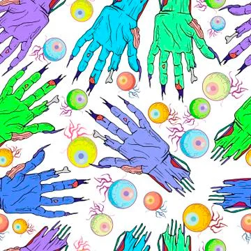 Seamless zombie hand, eye pattern. Halloween cartoon, funny back Stock Illustration