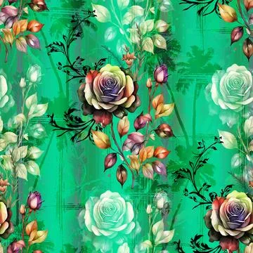 Seamless,Abstract,Floral,Pattern,,Multi,Flowers,With,Abstract,Green,Backgroun Stock Illustration