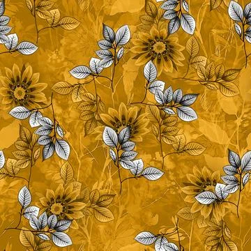 Seamless,Abstract,Leaf,Allover,Pattern,With,Abstract,Floral,Texture,Yellow イラスト素材