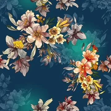 Seamless,Allover,Abstract,Floral,Pattern,With,Abstract,Blue,Background,Flower Stock Illustration