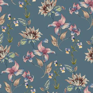 Seamless,Botanical,Floral,Allover,Pattern,With,Abstract,Light,Blue,Background イラスト素材