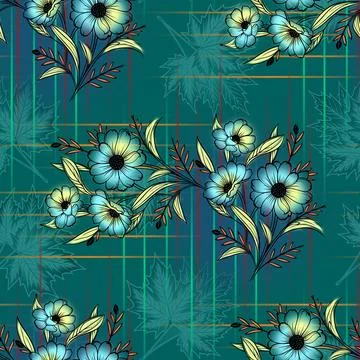 Seamless,Floral,Allover,Pattern,With,Abstract,Line,And,Leaf,Texture Stock Illustration