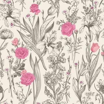 Seamless,Floral,Graphic,Pattern.,Gray,And,Pink.,Vector,Botanical,Illustration 库存插图