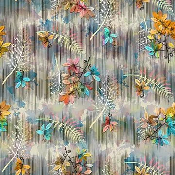Seamless,Floral,Pattern,With,Leaves,,botanical,Flowers,With,Abstract,Multicol 库存插图