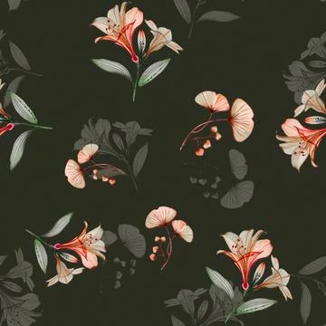 Seamless,Flower,Allover,Dark,Background Stock Illustration