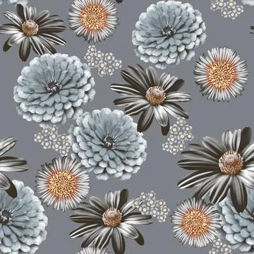 Seamless,Flower,Pattern,With,Grey,Background Illustrazione stock