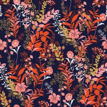 Seamless,Flower,Pattern,On,Navy,Background Stock Illustration
