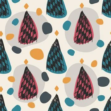 Seamlesshand draw christmas pattern background with colourful sketch pine tre Stock Illustration