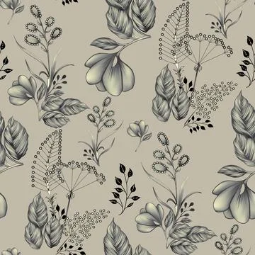 Seamless,Herbs,Floral,Allover,Pattern,With,Abstract,Gray,Background,For Stock-Illustration