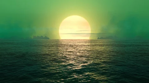 Seamlessly looped flight over ocean at green sunset.  Stock Footage 92908601