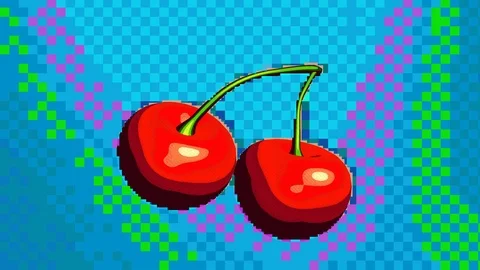 Seamlessly looped pixel art cherry on arcade pixel background Stock Footage 111080367