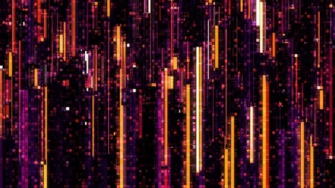 Seamlessly looping orange purple digital glitch and hex code on black background Video stock 122078620
