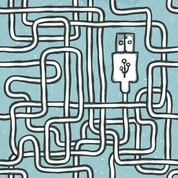 Seamlessly tangled wire of portable electronic devices. vector concept backgr Stock Illustration