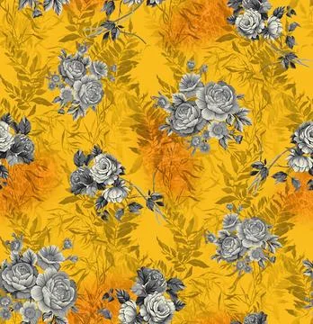 Seamless,Multicolor,Floral,Allover,Pattern,With,Abstract,Yellow,Background,Fo Illustration