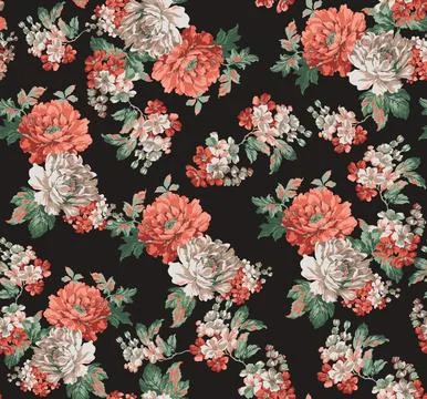 Seamless,Pattern,On,The,Black,Background,With,Big,Red,Flowers Stock Illustration