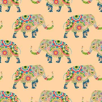 Seamless,Pattern,Of,Colorful,Elephants,Decorated,Mandala,Ornament 스톡 일러스트