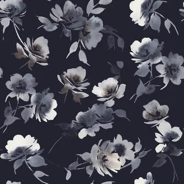 Seamless,Pattern,With,Handmade,Watercolor,Flowers,On,Dark,Blue,Background. Illustration
