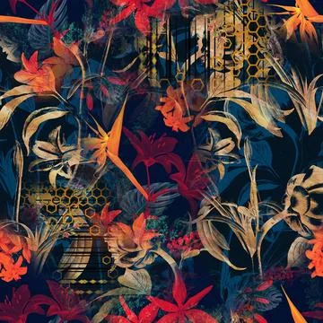 A,Seamless,Repeat,Pattern,Of,Fantasy,Wildflower,And,Niceabstract,Background Stock Illustration