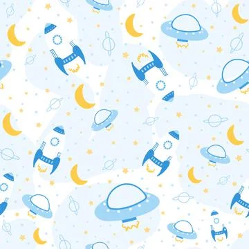 Seamlesss hand drawn pattern with space elements, spaceeships, ufo and stars  스톡 일러스트