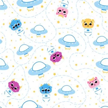 Seamlesss hand drawn pattern with space elements, alien monsters and spaceshi 库存插图