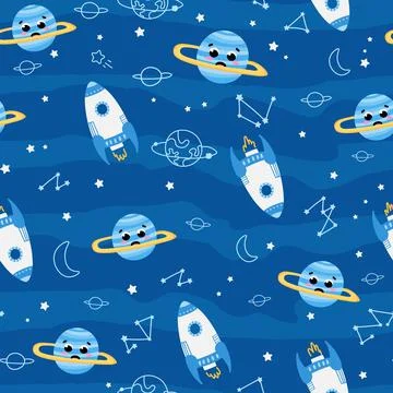Seamlesss hand drawn pattern with space elements, alien monsters and spaceshi 库存插图