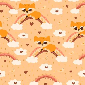 Seamlesss pattern with boho style fox and rainbows on light orange background Stock Illustration