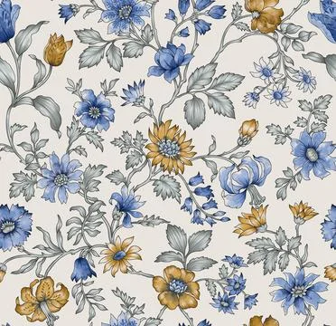 Seamless,Watercolor,Flower,Pattern,Running,Blue,And,Yellow Stock-Illustration