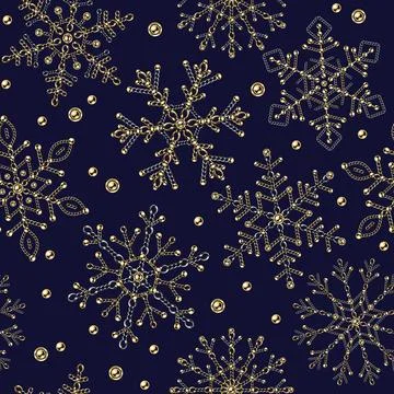 Seamsless pattern with big fancy snowflake made of jewelry gold, silver chain Stock Illustration