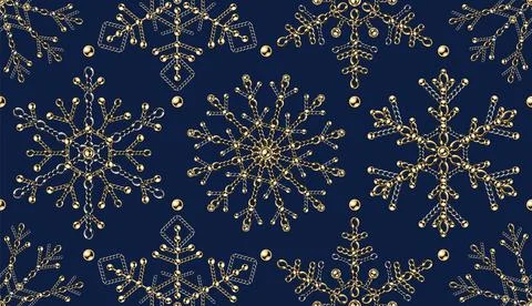 Seamsless pattern with big fancy snowflake made of jewelry gold, silver chain Stock Illustration