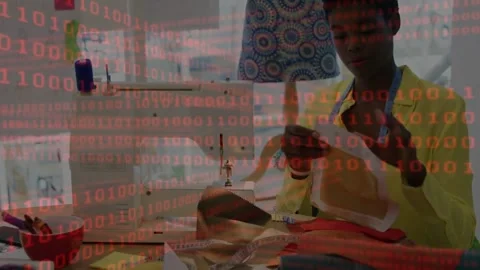 Seamstress inspecting pattern measuring and aligning fabric for sewing under red Stock Footage 333833665