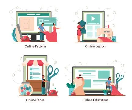 Seamstress or tailor concept set. Professional master sewing clothes. Stock Illustration