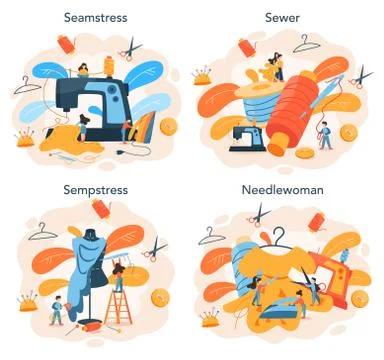 Seamstress or tailor concept set. Professional master sewing clothes Stock Illustration