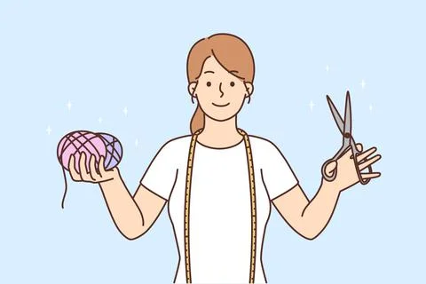 Seamstress with scissors and threads in hands Stock Illustration